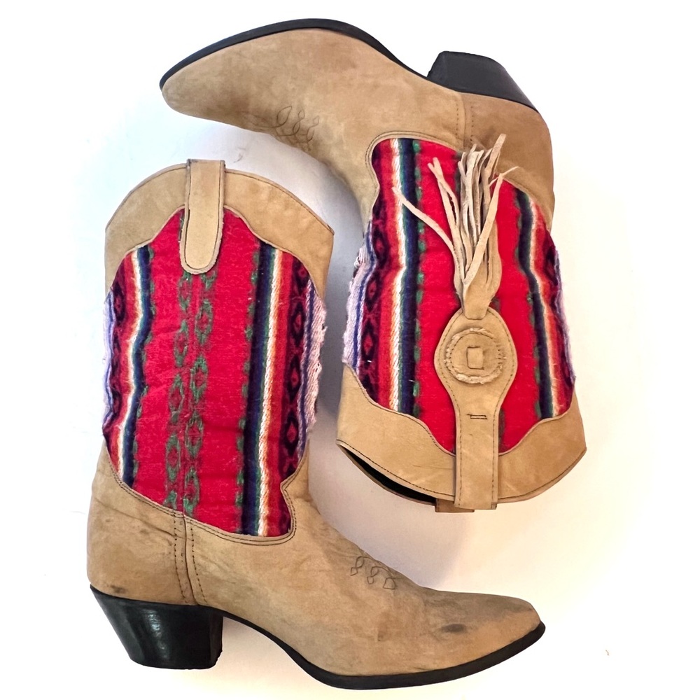 Laredo Cowboy Boots Western Tex Mex Buckskin Leather Woven Serape Fringe size 8